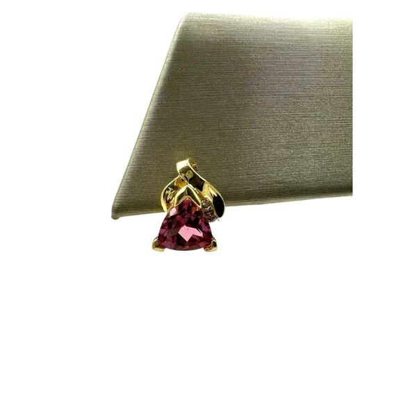 14K Yellow Gold Pink Trillion Cut Stone & .04cttw Diamond Earrings (17938) - Picture 5 of 6